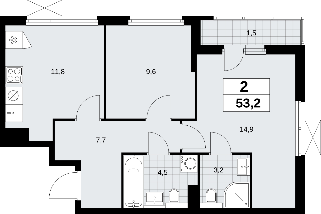 2-комнатная квартира в ЖК Бунинские кварталы на 9 этаже в 6 секции. Сдача в 2 кв. 2026 г.