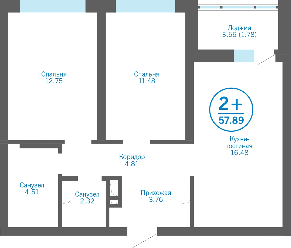 2-комнатная квартира в ЖК Бунинские кварталы на 5 этаже в 2 секции. Сдача в 2 кв. 2026 г.