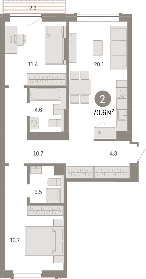 2-комнатная квартира в ЖК TERLE PARK на 11 этаже в 3 секции. Сдача в 4 кв. 2025 г.