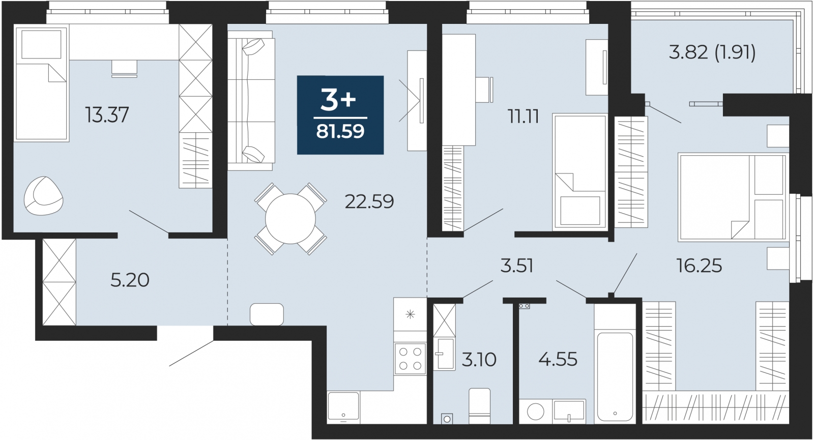3-комнатная квартира в ЖК Бунинские кварталы на 5 этаже в 2 секции. Сдача в 2 кв. 2026 г.