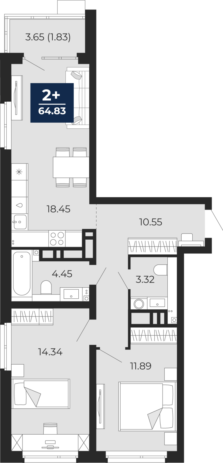 2-комнатная квартира в ЖК Бунинские кварталы на 8 этаже в 4 секции. Сдача в 2 кв. 2026 г.