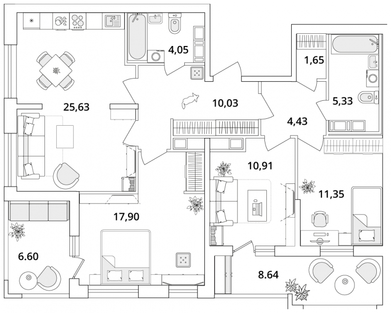 3-комнатная квартира в ЖК CUBE на 17 этаже в 1 секции. Сдача в 4 кв. 2024 г.