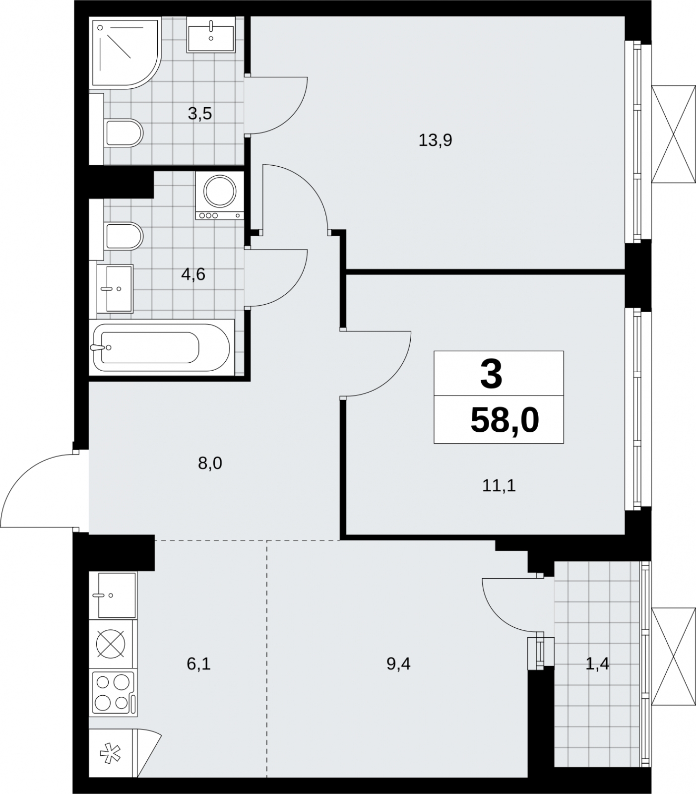 1-комнатная квартира в ЖК Бунинские кварталы на 8 этаже в 4 секции. Сдача в 2 кв. 2026 г.