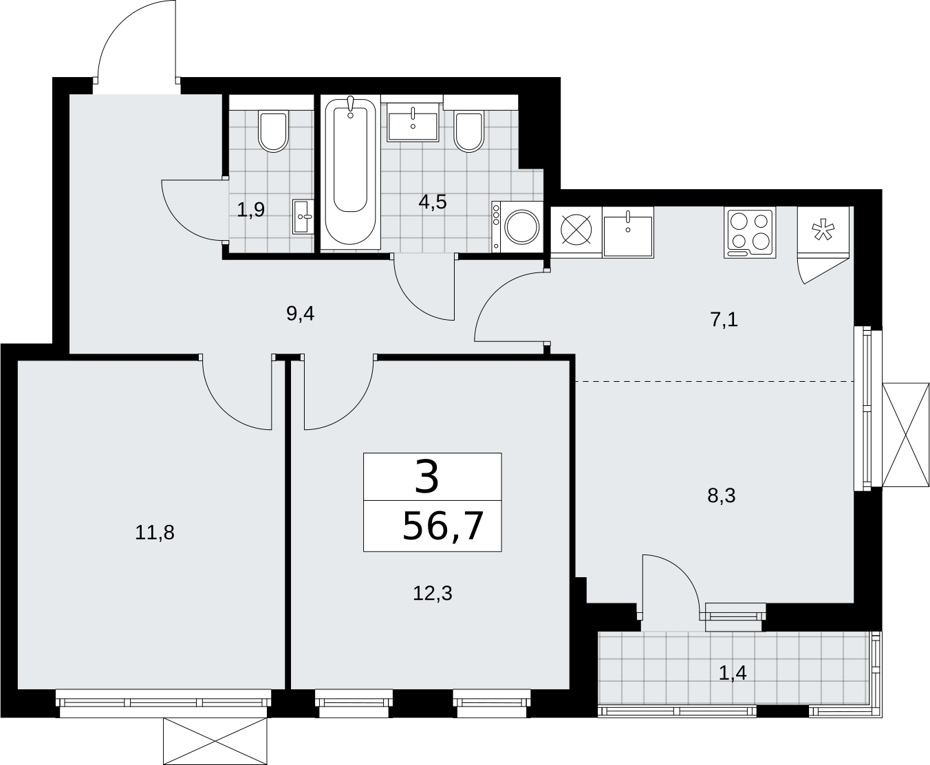 4-комнатная квартира в ЖК Бунинские кварталы на 13 этаже в 1 секции. Сдача в 2 кв. 2026 г.