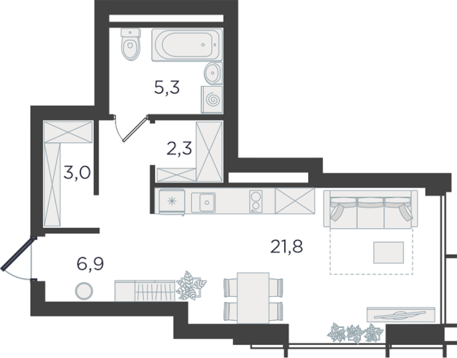 2-комнатная квартира в ЖК CUBE на 5 этаже в 1 секции. Сдача в 4 кв. 2024 г.