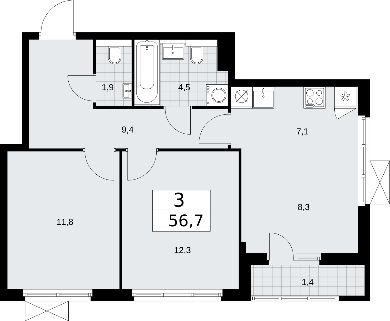 2-комнатная квартира в ЖК Бунинские кварталы на 14 этаже в 3 секции. Сдача в 2 кв. 2026 г.
