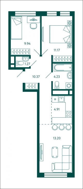3-комнатная квартира с отделкой в ЖК Бунинские кварталы на 12 этаже в 2 секции. Сдача в 2 кв. 2026 г.