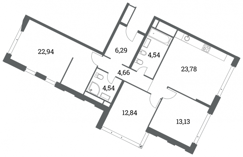 3-комнатная квартира в ЖК Headliner на 28 этаже в 2 секции. Сдача в 4 кв. 2022 г.