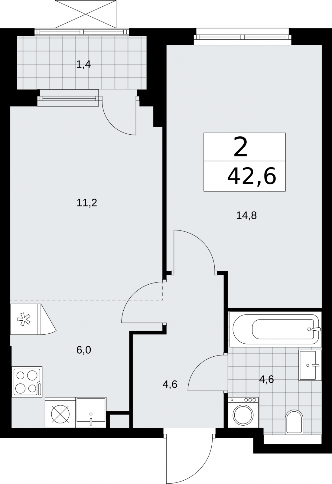 2-комнатная квартира в ЖК Бунинские кварталы на 5 этаже в 6 секции. Сдача в 2 кв. 2026 г.