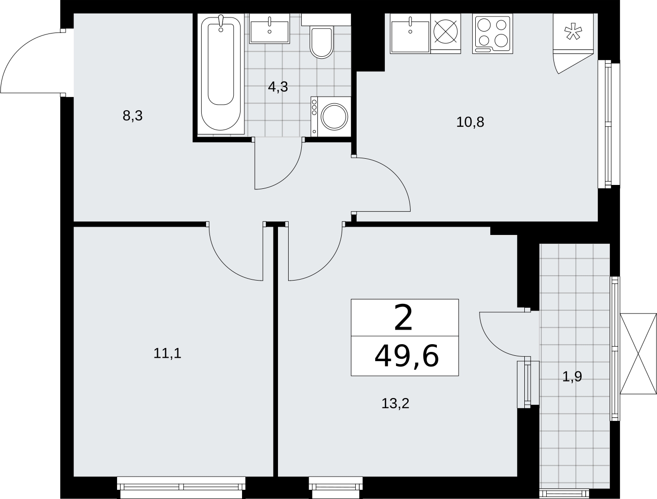 2-комнатная квартира в ЖК Бунинские кварталы на 6 этаже в 3 секции. Сдача в 2 кв. 2026 г.
