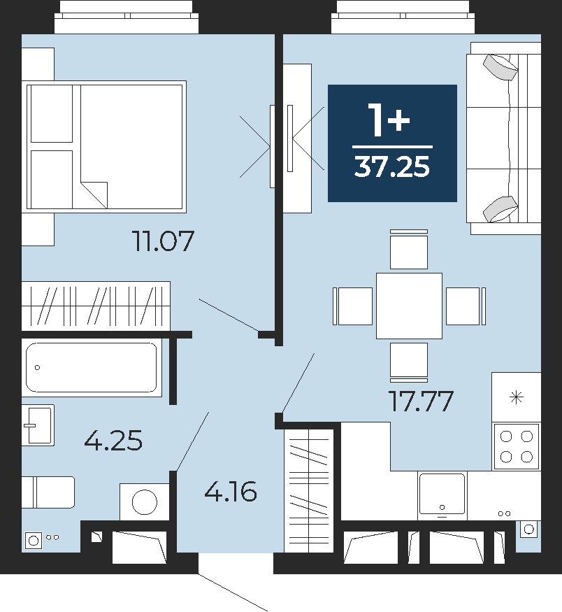 2-комнатная квартира в ЖК Бунинские кварталы на 6 этаже в 6 секции. Сдача в 2 кв. 2026 г.