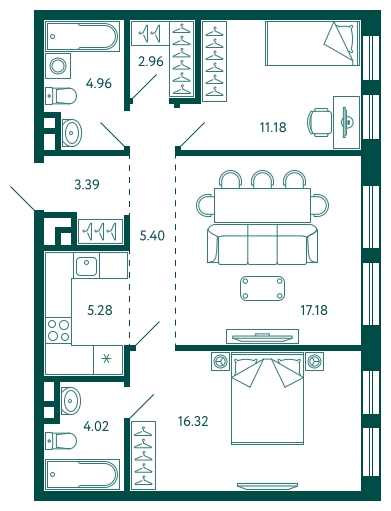 2-комнатная квартира в ЖК Бунинские кварталы на 2 этаже в 1 секции. Сдача в 2 кв. 2026 г.