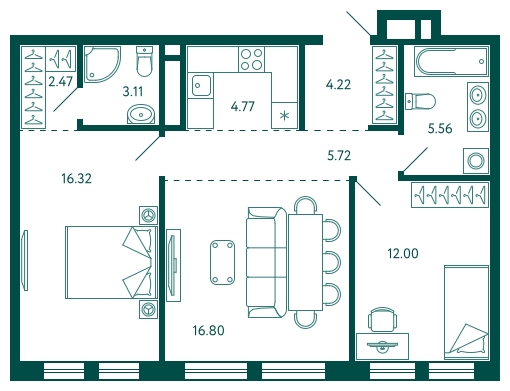 2-комнатная квартира с отделкой в ЖК Бунинские кварталы на 17 этаже в 2 секции. Сдача в 2 кв. 2026 г.