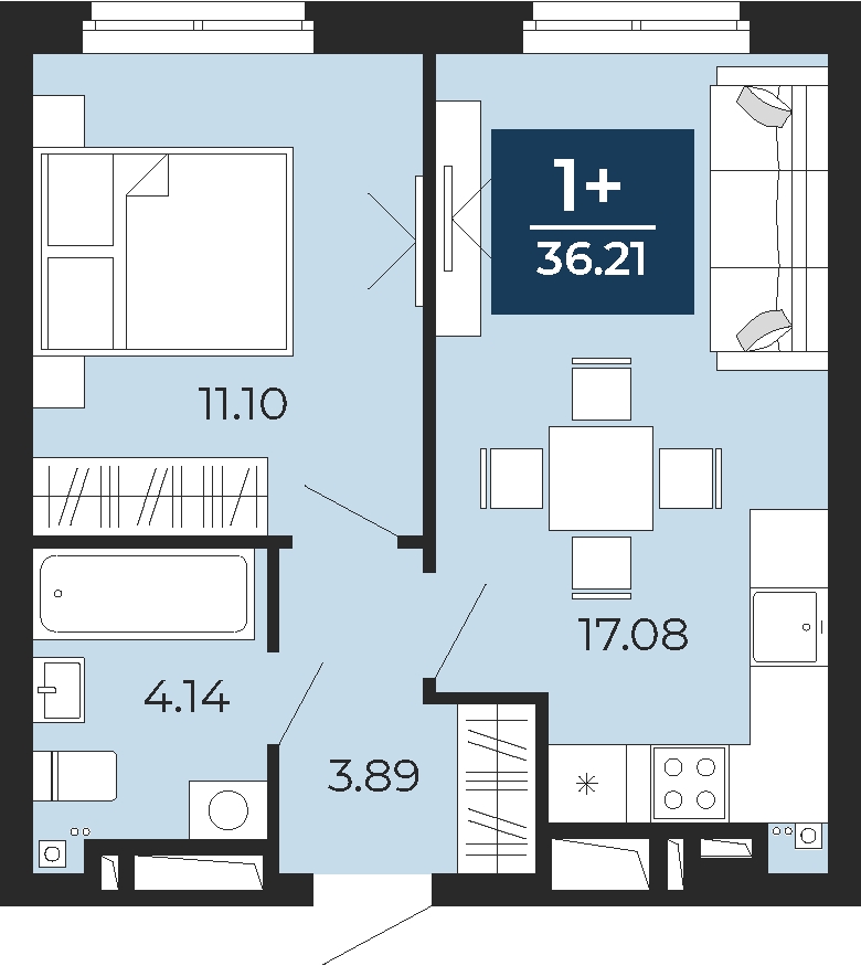1-комнатная квартира (Студия) с отделкой в ЖК Бунинские кварталы на 6 этаже в 3 секции. Сдача в 2 кв. 2026 г.