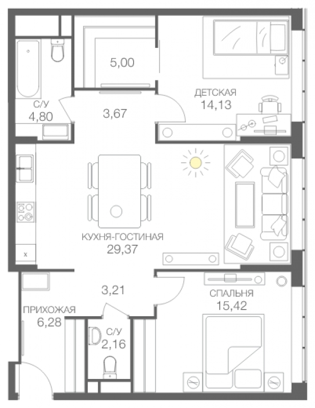 2-комнатная квартира с отделкой в ЖК Лучи на 15 этаже в 1 секции. Сдача в 3 кв. 2024 г.