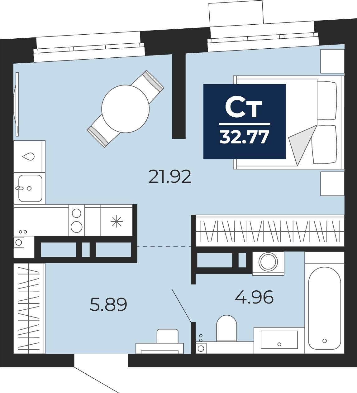 1-комнатная квартира (Студия) в ЖК Бунинские кварталы на 6 этаже в 7 секции. Сдача в 2 кв. 2026 г.
