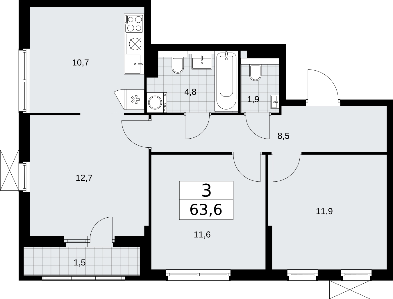 3-комнатная квартира с отделкой в ЖК Бунинские кварталы на 3 этаже в 1 секции. Сдача в 2 кв. 2026 г.