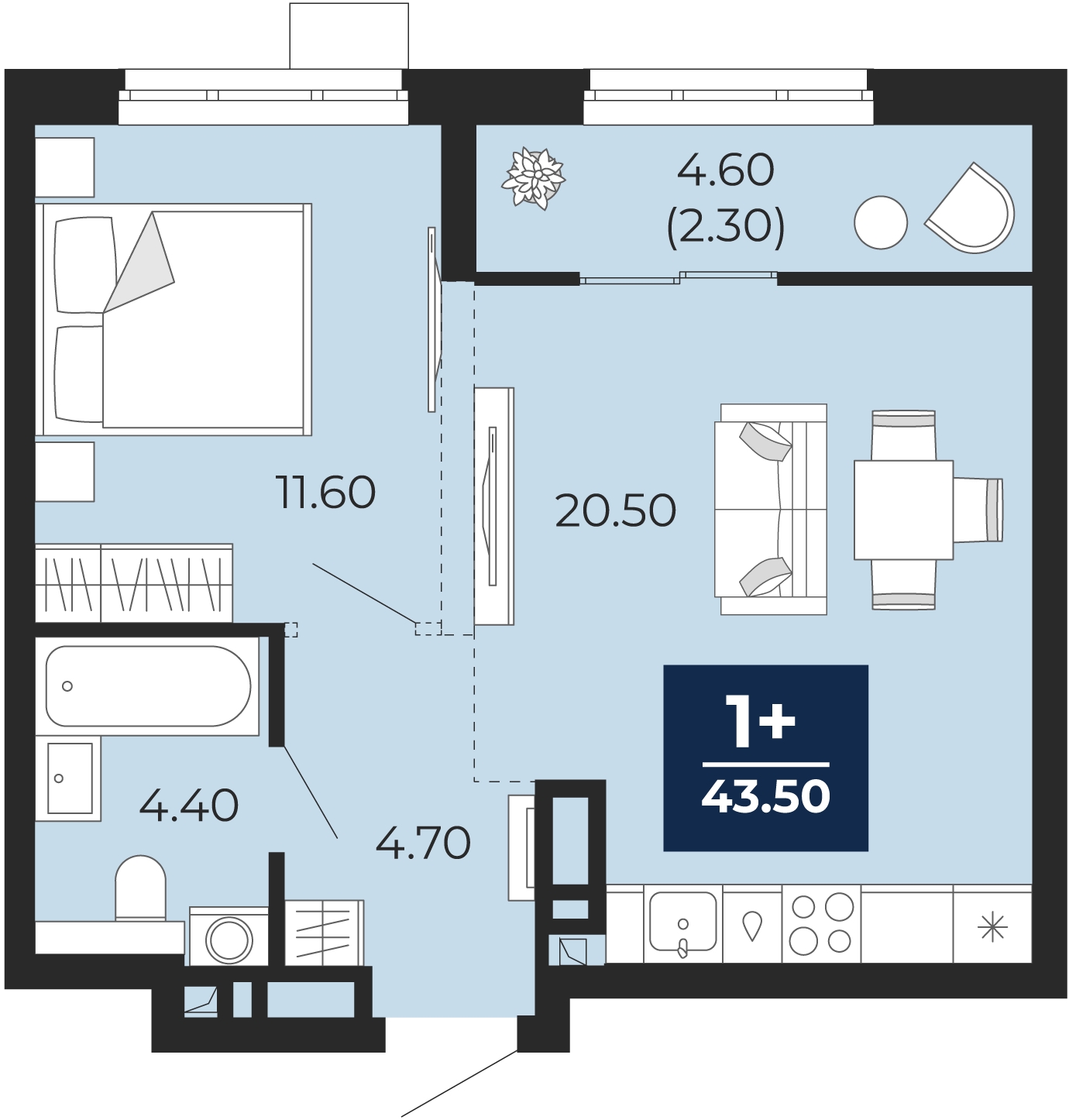 1-комнатная квартира (Студия) в ЖК Бунинские кварталы на 2 этаже в 4 секции. Сдача в 2 кв. 2026 г.