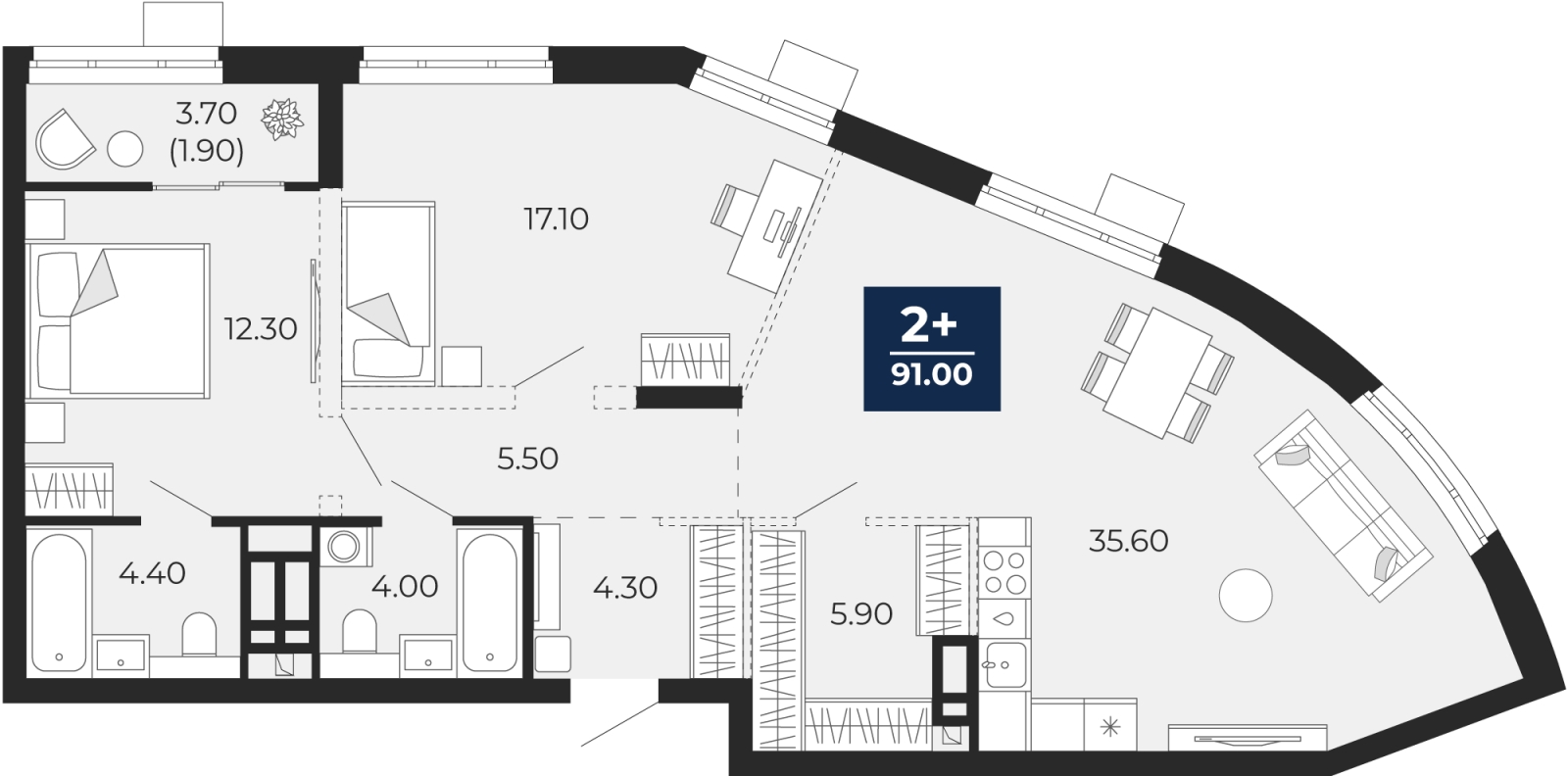 2-комнатная квартира с отделкой в ЖК Бунинские кварталы на 3 этаже в 4 секции. Сдача в 2 кв. 2026 г.