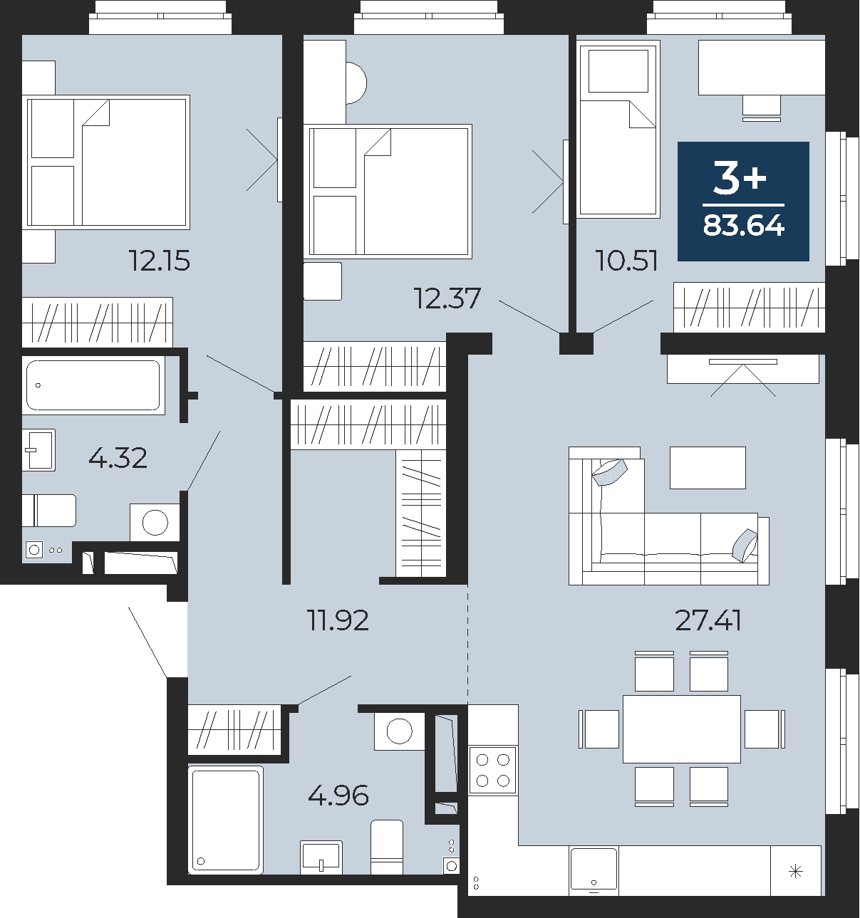 3-комнатная квартира в ЖК Бунинские кварталы на 8 этаже в 6 секции. Сдача в 2 кв. 2026 г.