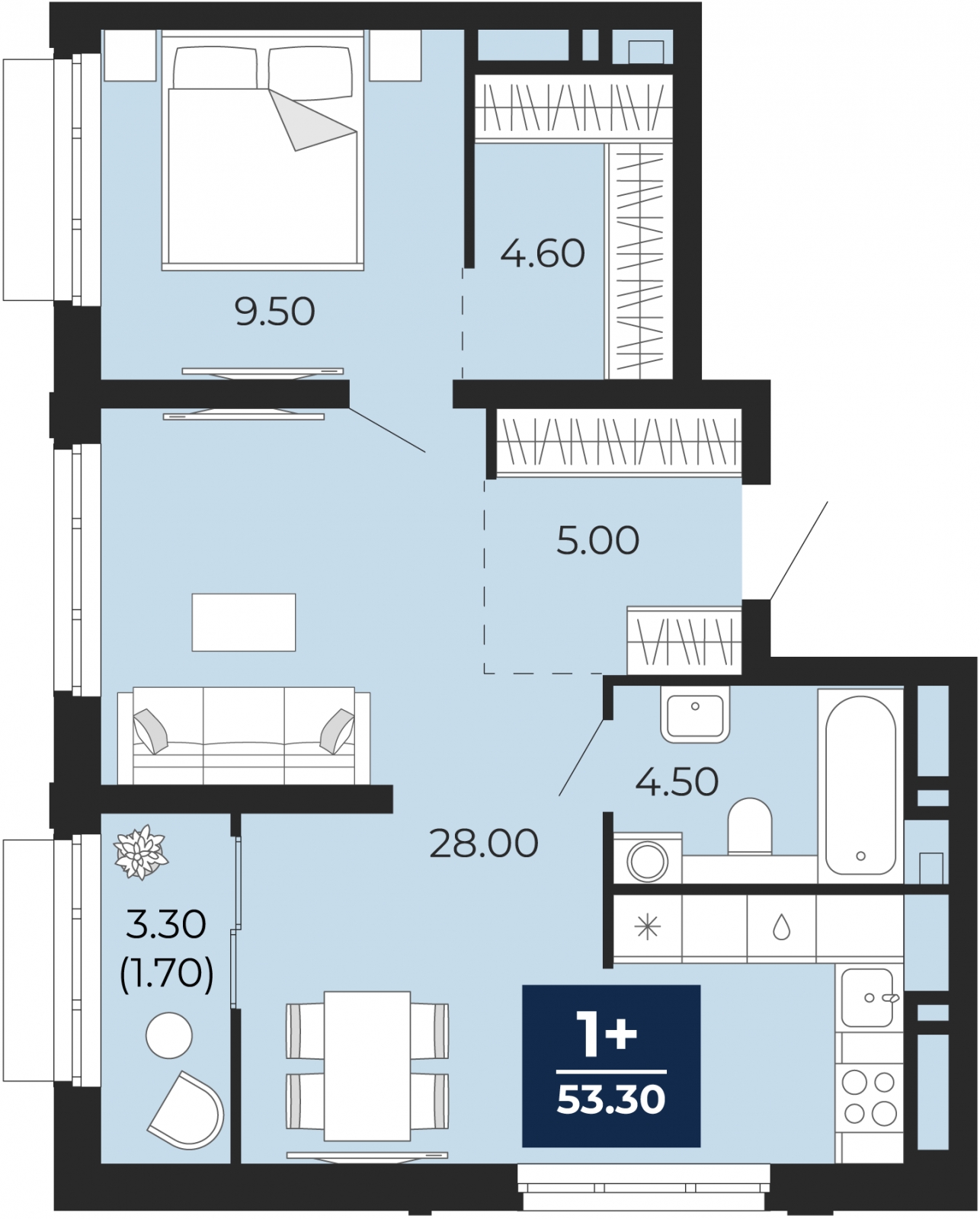 2-комнатная квартира с отделкой в ЖК Бунинские кварталы на 5 этаже в 4 секции. Сдача в 2 кв. 2026 г.