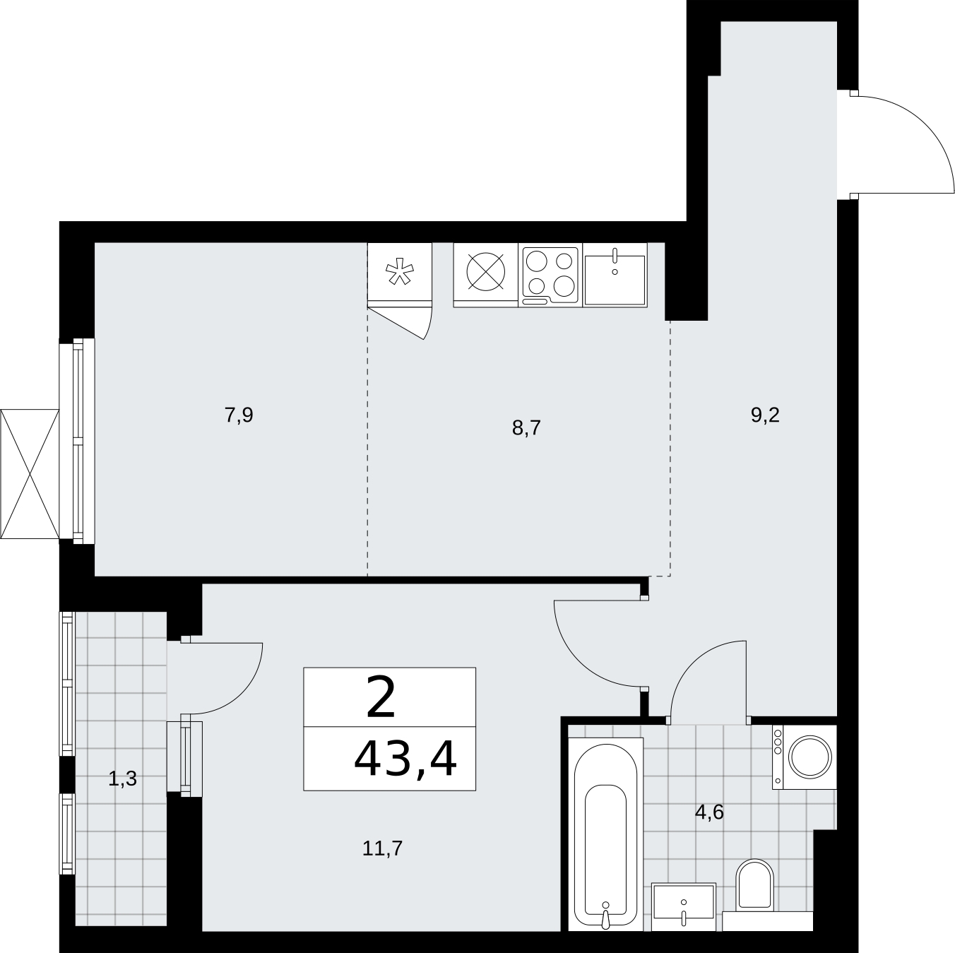 1-комнатная квартира (Студия) в ЖК Бунинские кварталы на 7 этаже в 4 секции. Сдача в 2 кв. 2026 г.