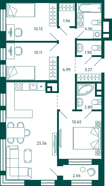 2-комнатная квартира с отделкой в ЖК Бунинские кварталы на 11 этаже в 1 секции. Сдача в 2 кв. 2026 г.