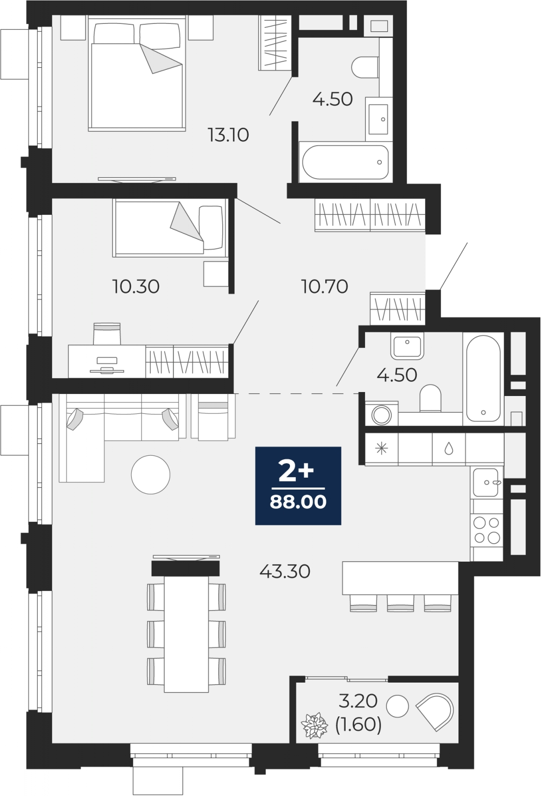 3-комнатная квартира с отделкой в ЖК Бунинские кварталы на 3 этаже в 5 секции. Сдача в 2 кв. 2026 г.