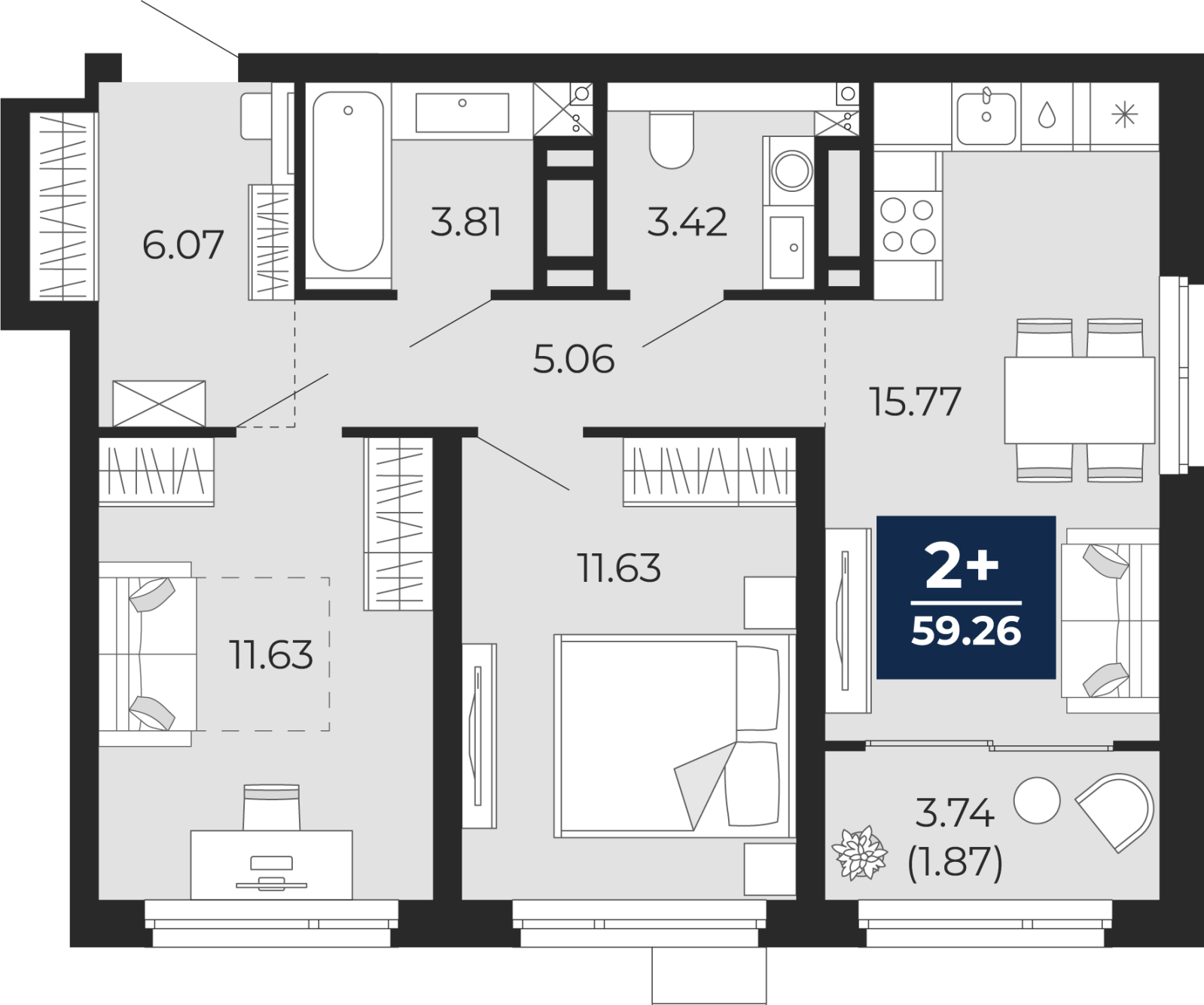 2-комнатная квартира с отделкой в ЖК Бунинские кварталы на 7 этаже в 5 секции. Сдача в 2 кв. 2026 г.
