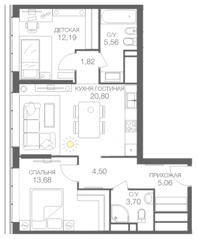 2-комнатная квартира с отделкой в ЖК Headliner на 3 этаже в 1 секции. Сдача в 4 кв. 2022 г.