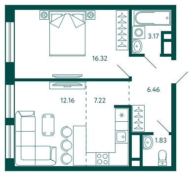 2-комнатная квартира с отделкой в ЖК Бунинские кварталы на 16 этаже в 2 секции. Сдача в 2 кв. 2026 г.