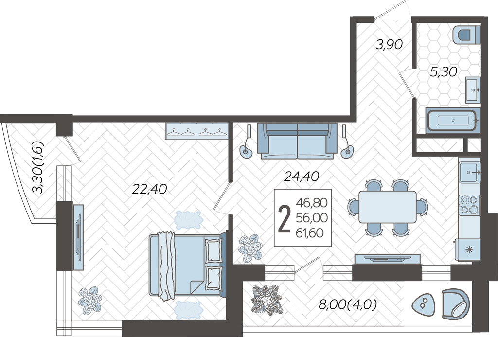 2-комнатная квартира в ЖК Бунинские кварталы на 7 этаже в 6 секции. Сдача в 2 кв. 2026 г.