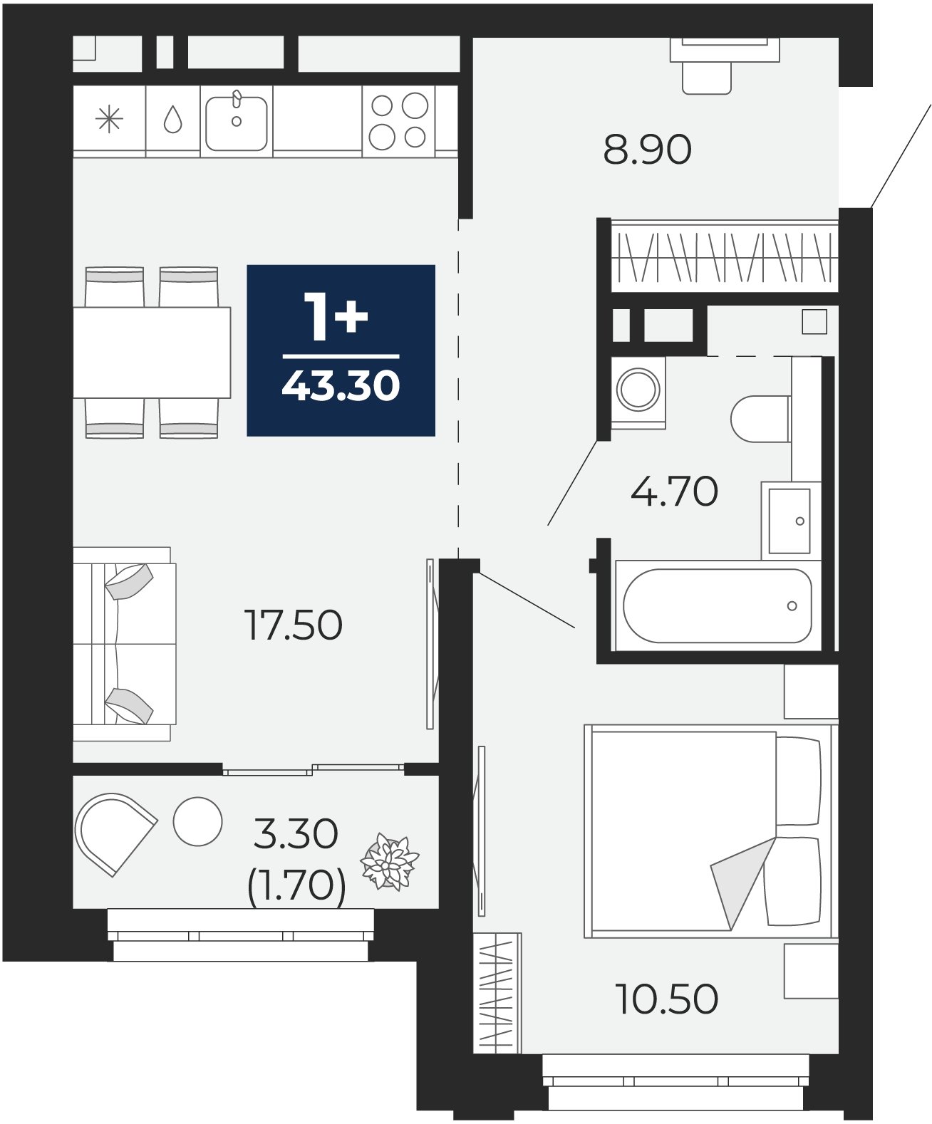 1-комнатная квартира (Студия) с отделкой в ЖК Бунинские кварталы на 2 этаже в 7 секции. Сдача в 2 кв. 2026 г.
