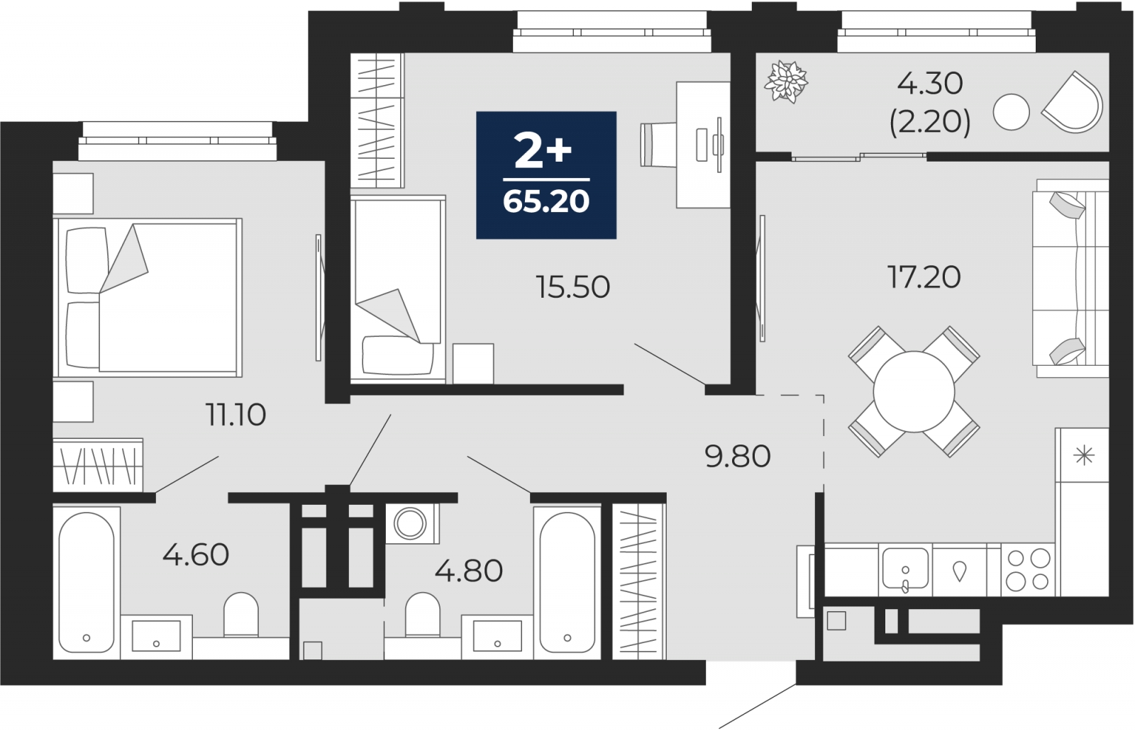 3-комнатная квартира с отделкой в ЖК Бунинские кварталы на 2 этаже в 7 секции. Сдача в 2 кв. 2026 г.
