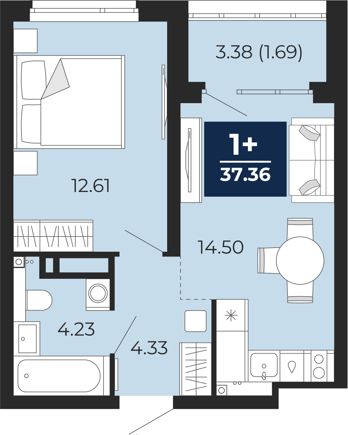 1-комнатная квартира (Студия) в ЖК Бунинские кварталы на 2 этаже в 7 секции. Сдача в 2 кв. 2026 г.