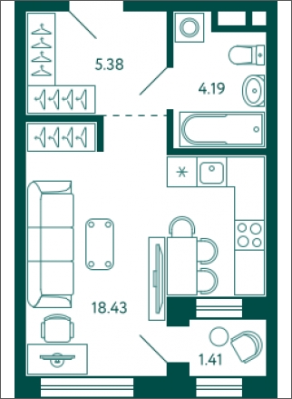 1-комнатная квартира (Студия) с отделкой в ЖК Бунинские кварталы на 4 этаже в 7 секции. Сдача в 2 кв. 2026 г.
