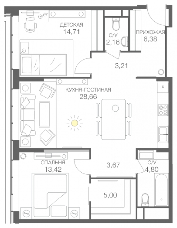 2-комнатная квартира с отделкой в ЖК Лучи на 2 этаже в 1 секции. Сдача в 3 кв. 2024 г.