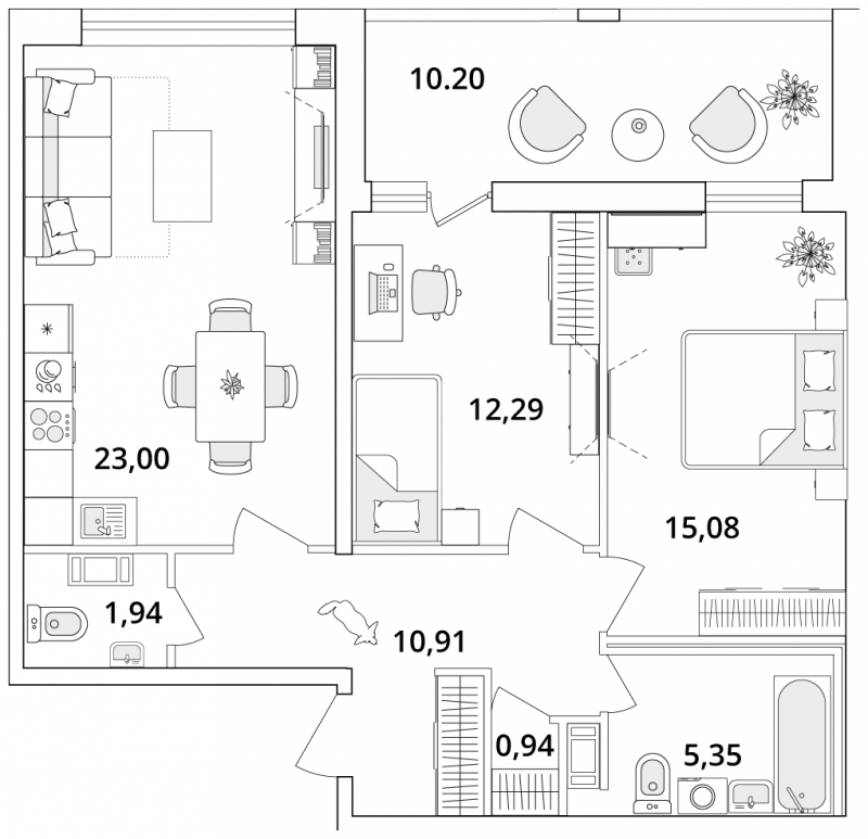 2-комнатная квартира в ЖК CUBE на 8 этаже в 1 секции. Сдача в 4 кв. 2024 г.