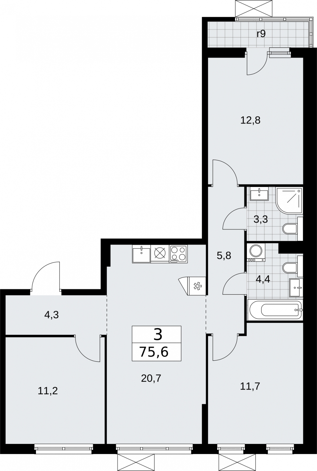 3-комнатная квартира в ЖК iLove на 7 этаже в 4 секции. Сдача в 4 кв. 2023 г.