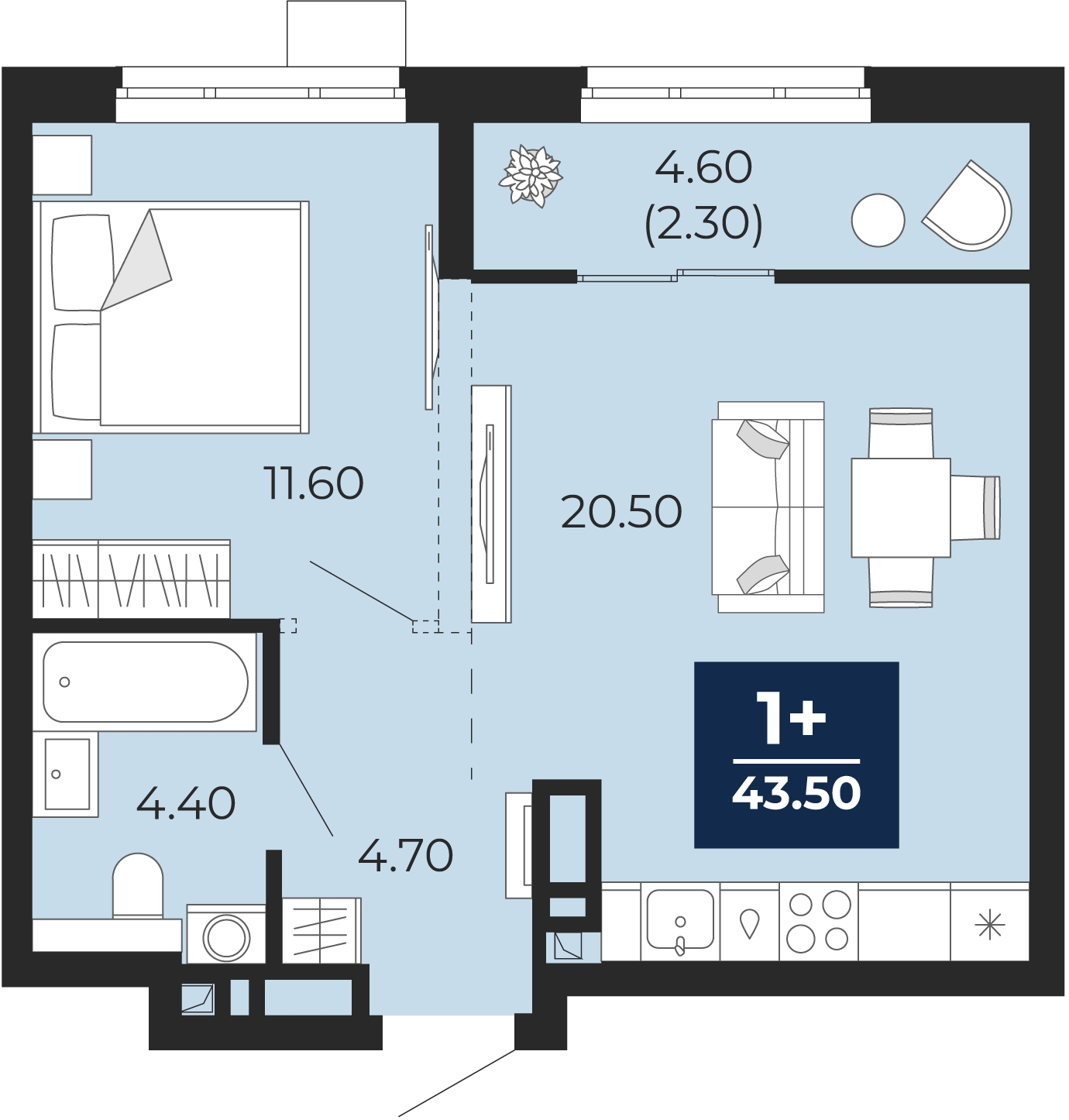 1-комнатная квартира (Студия) в ЖК Бунинские кварталы на 4 этаже в 4 секции. Сдача в 2 кв. 2026 г.