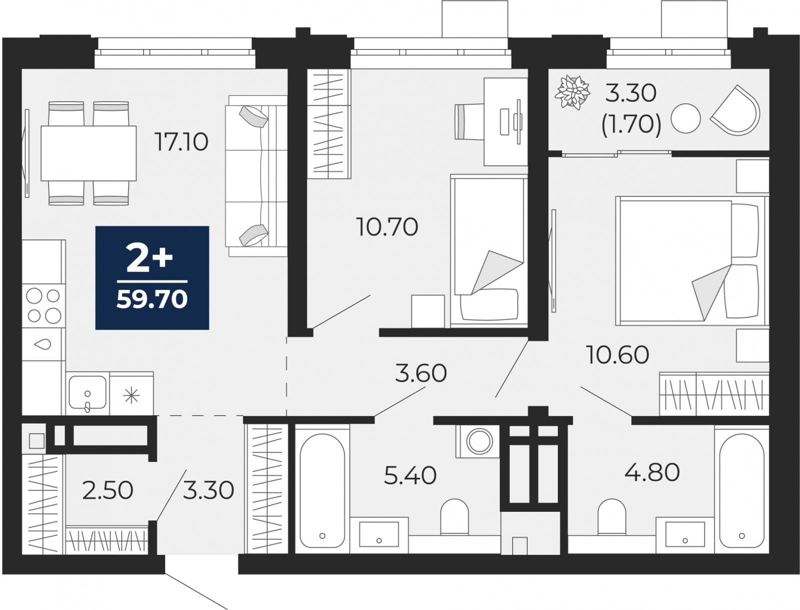 1-комнатная квартира (Студия) с отделкой в ЖК Бунинские кварталы на 13 этаже в 2 секции. Сдача в 2 кв. 2026 г.