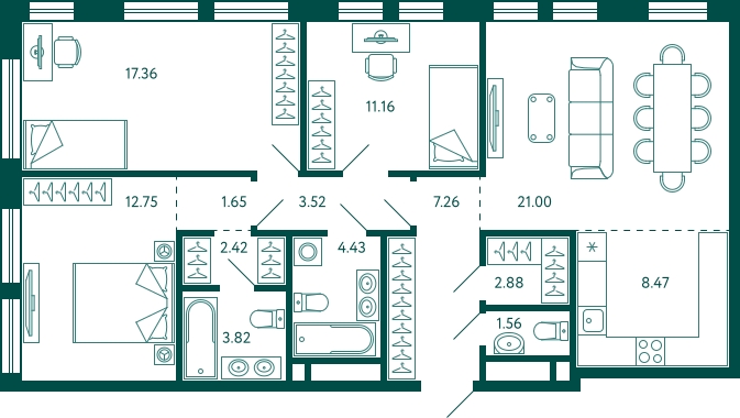 1-комнатная квартира в ЖК Бунинские кварталы на 7 этаже в 2 секции. Сдача в 2 кв. 2026 г.