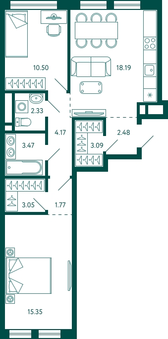 3-комнатная квартира с отделкой в ЖК Бунинские кварталы на 2 этаже в 6 секции. Сдача в 2 кв. 2026 г.