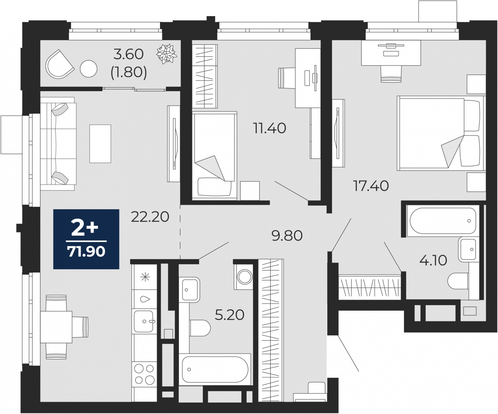 1-комнатная квартира (Студия) в ЖК Бунинские кварталы на 4 этаже в 5 секции. Сдача в 2 кв. 2026 г.