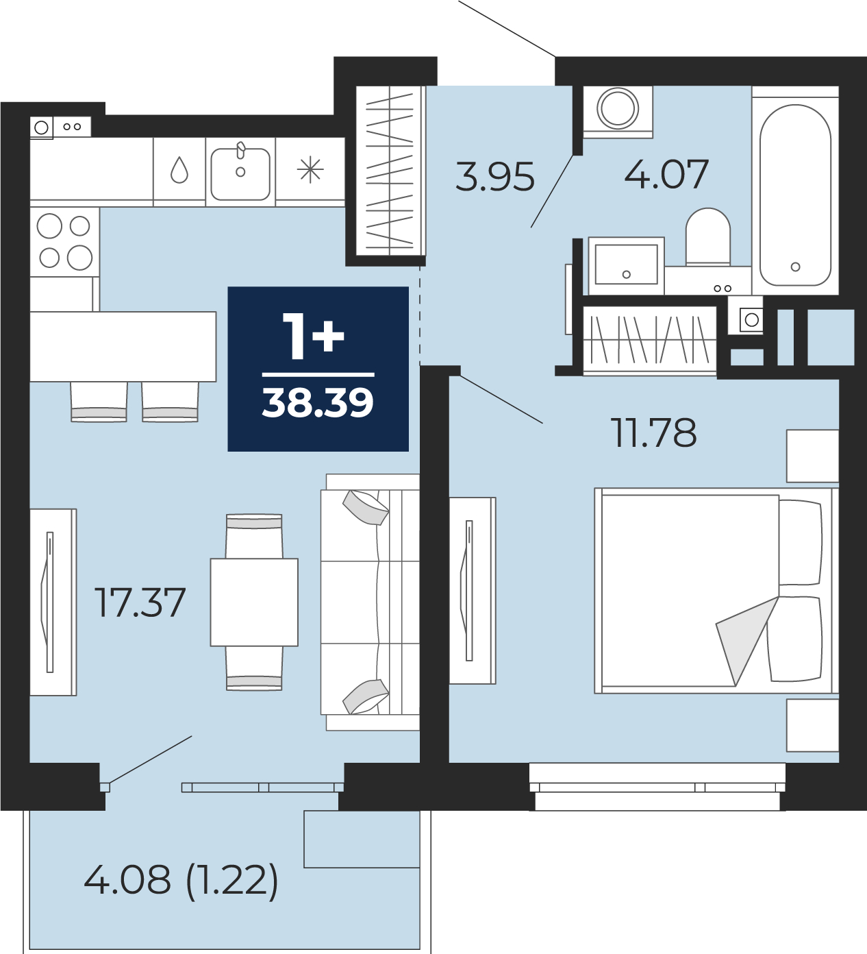 1-комнатная квартира (Студия) с отделкой в ЖК Бунинские кварталы на 2 этаже в 1 секции. Сдача в 2 кв. 2026 г.