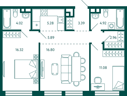 2-комнатная квартира с отделкой в ЖК Бунинские кварталы на 2 этаже в 1 секции. Сдача в 2 кв. 2026 г.