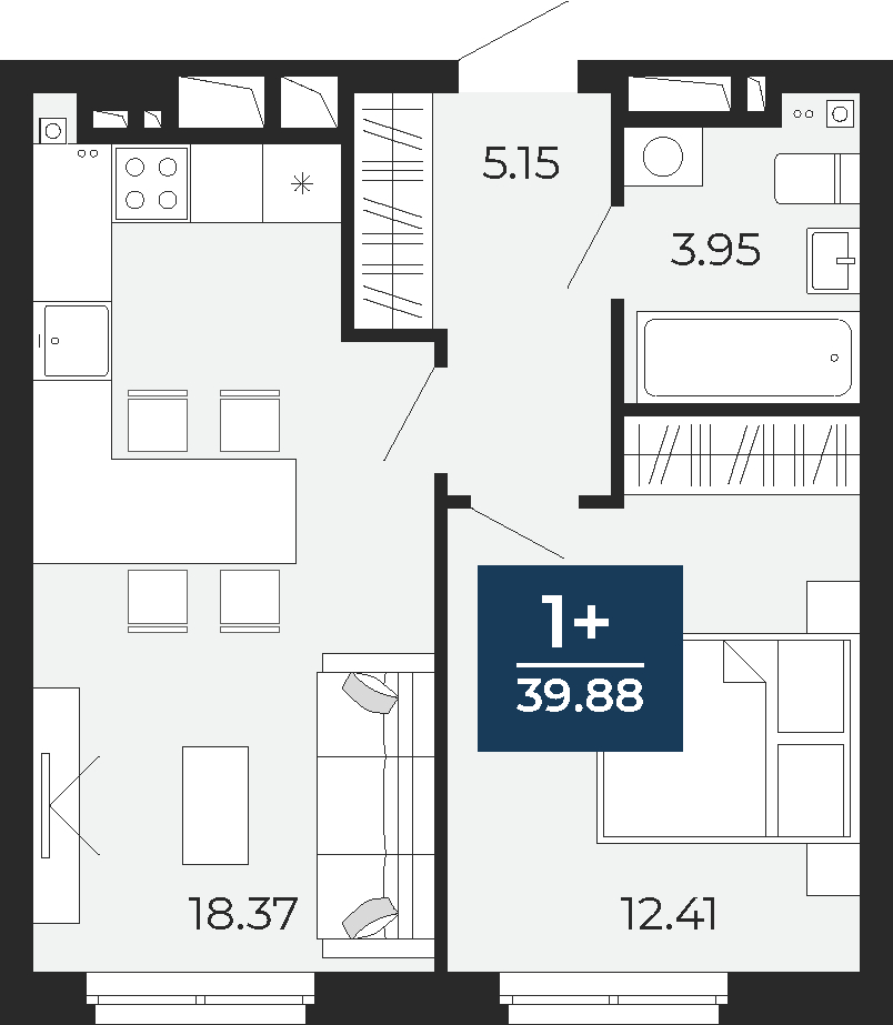 1-комнатная квартира (Студия) в ЖК Бунинские кварталы на 7 этаже в 1 секции. Сдача в 2 кв. 2026 г.