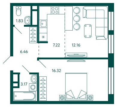 1-комнатная квартира (Студия) с отделкой в ЖК Бунинские кварталы на 12 этаже в 2 секции. Сдача в 2 кв. 2026 г.
