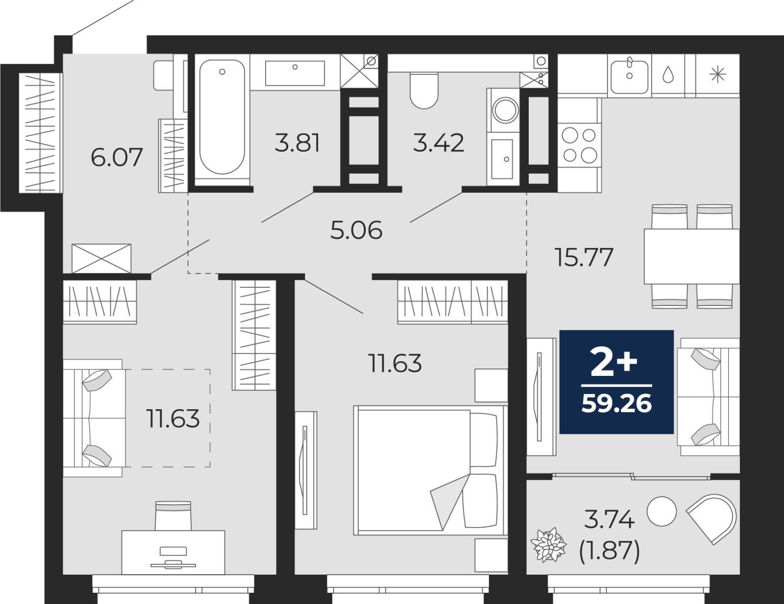 1-комнатная квартира (Студия) с отделкой в ЖК Бунинские кварталы на 5 этаже в 3 секции. Сдача в 2 кв. 2026 г.