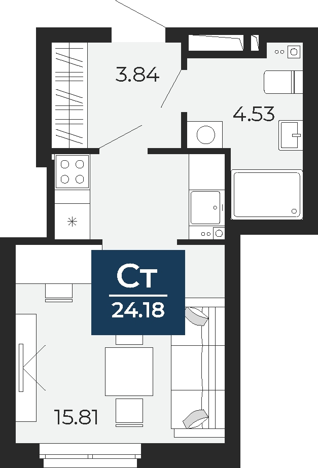 1-комнатная квартира (Студия) с отделкой в ЖК Бунинские кварталы на 6 этаже в 3 секции. Сдача в 2 кв. 2026 г.